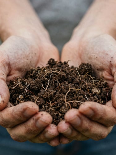 Close-up of weathered hands holding dark, crumbly organic soil with tiny roots, soft overcast daylight, macro texture detail