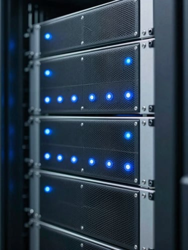 Close-up of a high-end cleanroom server rack with blue status lights, sharp focus, cool and crisp lighting.