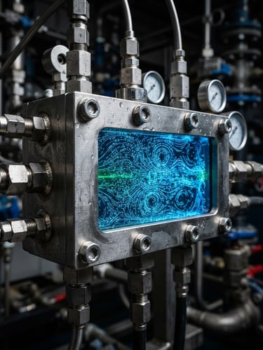 Macro close-up of a stainless steel nanobubble manifold for wastewater treatment, showing laser-assisted fluid flow visualization (PIV) diagrams in safety blue, sharp industrial product photography, crisp directional studio lighting, metallic steel and safety blue tones, high contrast.