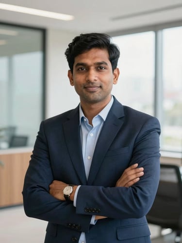 Authentic portrait of a professional financial advisor in a modern Indian office, bright natural daylight, corporate navy tones, 35mm lens.