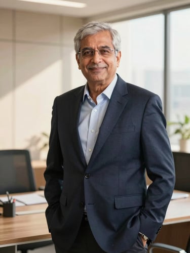 Authentic portrait of a senior financial advisor in a sunlit Gurugram office, professional attire, warm lighting, 35mm lens