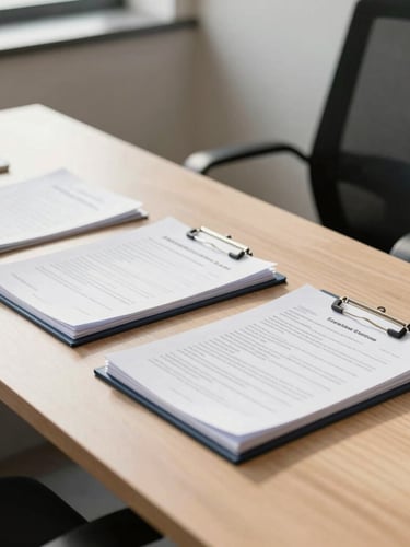 A clean, modern corporate workspace in Bengaluru, warm natural light, organized documents on a sleek desk, 35mm lens