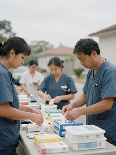 Documentary-style editorial photography of a local community clinic in natural overcast daylight, local healthcare workers organizing medical supplies, 35mm