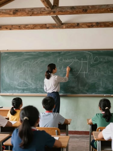 A documentary shot of a bright classroom with wooden rafters, local teacher writing on a clean chalkboard, children looking attentively, natural overcast daylight, 35mm.