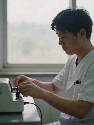 Medium close-up of a healthcare worker in a simple, naturally lit clinic adjusting medical equipment, documentary-style, overcast daylight, muted tones, 35mm.