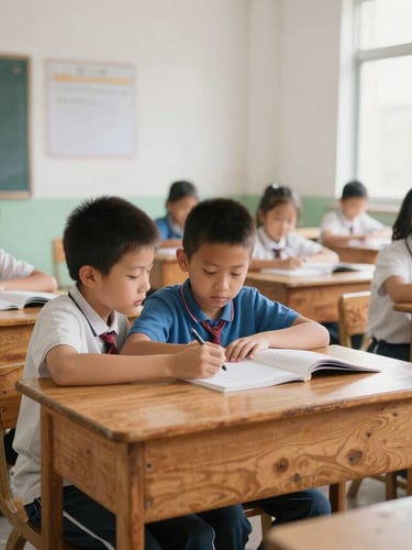A natural light, wide environmental shot of a local classroom, children collaborating at wooden desks under soft overcast daylight, authentic documentary style, 35mm.