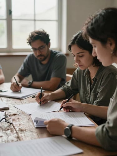 A medium close-up of collaborative teacher training workshop, teachers reviewing curriculum materials on a rustic table, natural window light, muted organic tones, 35mm.