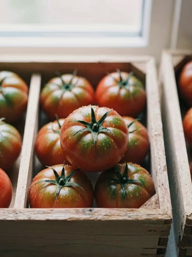 Overhead flat-lay of heirloom tomatoes in rustic wooden crates, soft daylight, shallow depth of field, 35mm film.