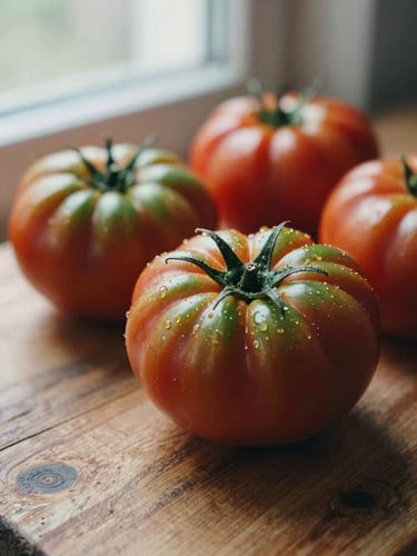 Close-up macro shot of fresh heirloom tomatoes on a rustic wooden prep table, soft Scandinavian window light, shallow depth of field, 35mm film