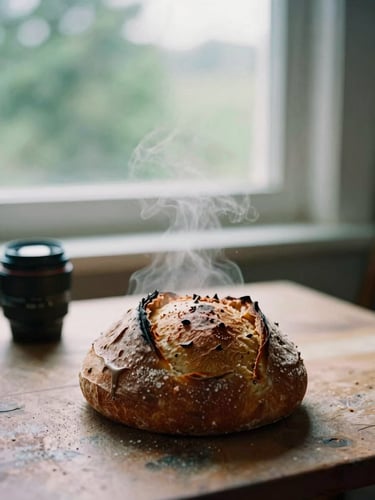 Camera lens focusing on steam rising from freshly baked sourdough bread on a rustic table, warm Scandinavian window light, 35mm film style.