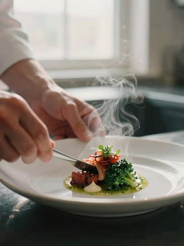 Close-up of chef hands plating a delicate Scandinavian dish, steam rising under warm kitchen window light, shallow depth of field, 35mm film style.