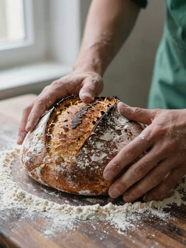 Close-up overhead shot of rustic sourdough bread preparation, flour dusted over dark wood, hands shaping dough, soft Scandinavian morning light