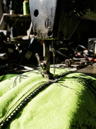 Close-up of industrial sewing machine stitching thick black thread into a neon green sublimated fabric, harsh direct sunlight, raw texture, gritty urban style