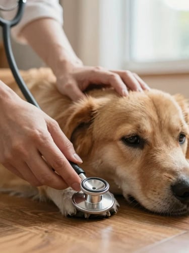 Warm editorial close-up of gentle hands holding a stethoscope against a calm dog resting on a wooden floor, soft daylight, shallow depth of field.