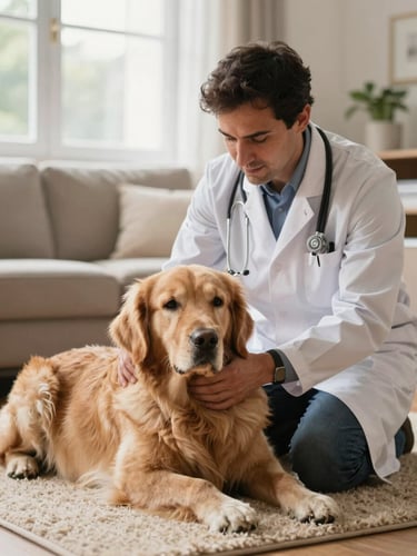 Dr. Marcelo, a male veterinarian in a neat clinical coat, gently examining a calm golden retriever resting on a warm living room rug, soft natural window light, shallow depth of field.