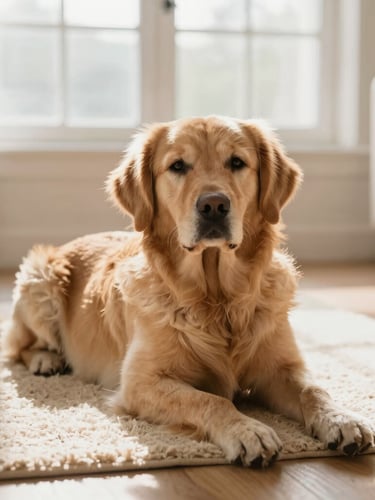 A calm golden retriever lying relaxed on a warm cream living room rug, soft morning window light, gentle domestic setting, warm editorial photography, shallow depth of field