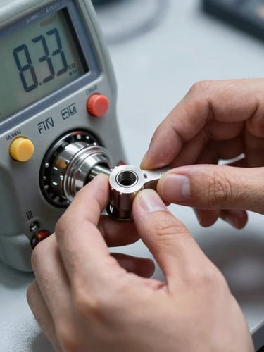 Macro close-up of an engineer's hands adjusting a precision instrument on a calibration bench, digital meter display showing crisp readouts, cool studio lighting, sharp details on metallic tools
