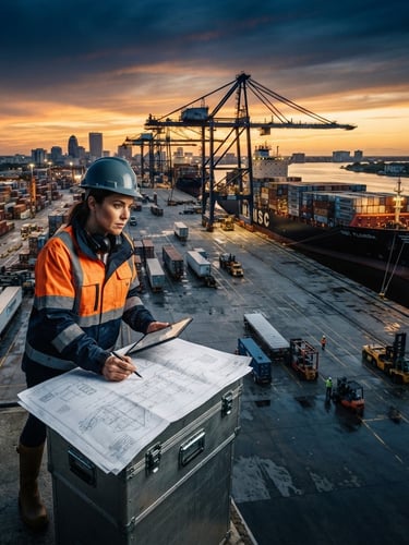 Wide panoramic Jacksonville deepwater port at dawn, container ships docked, crisp morning light, high-contrast, deep navy and gold tones, 35mm, logistics coordinator analyzing schematics in foreground off-center left.