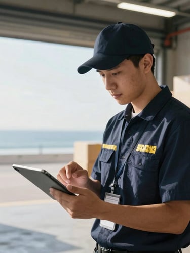 Logistics coordinator analyzing a detailed shipping manifest on a tablet, crisp morning light, high-contrast, deep navy and gold tones, 35mm, in a modern, clean warehouse interior.