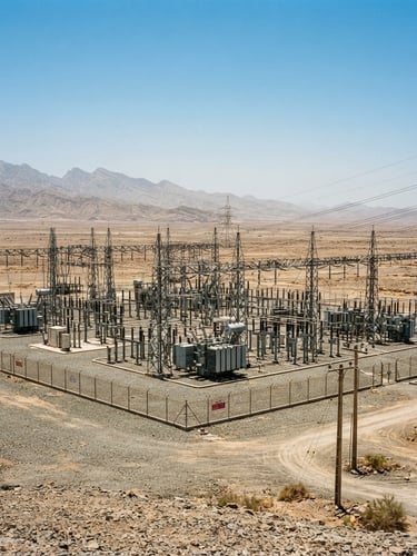 Wide environmental shot of an electrical substation in the Omani desert, harsh midday sun, heat distortion visible on the horizon, sharp architectural framing.