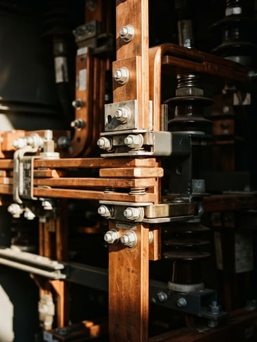 Macro architectural detail of heavy copper electrical busbars inside an industrial switchgear cabinet, dramatic side lighting casting sharp shadows, technical precision, 35mm lens