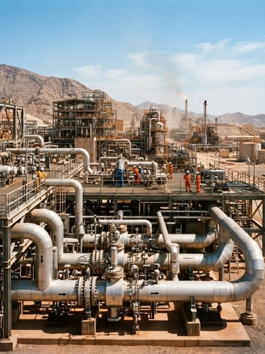 Wide environmental shot of a heavy industrial facility in Oman under harsh daylight, massive steel pipe manifolds with clean welds, architectural framing