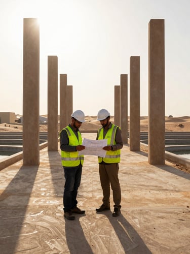 An Omani engineer in high-visibility gear and a hard hat reviewing physical blueprints on-site at a water treatment facility, dramatic late-afternoon desert sun casting long shadows, sharp focus, 35mm lens.
