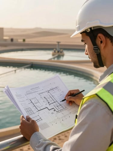 Close-up of a certified Omani engineer in high-visibility gear and a hard hat, reviewing technical blueprints on-site at a water treatment plant, warm late-afternoon sun.
