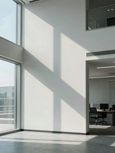 Structured modern office interior with clean architectural lines, cool daylight, sharp shadows, minimal aesthetic.