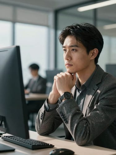 Authentic, non-posed portrait of a financial partner looking thoughtfully at a screen, cool natural daylight, sharp shadows, professional office background