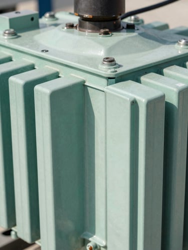 Macro technical close-up of a large green pedestal transformer unit, clean metal enclosure, high-contrast cool tones, bright natural daylight.