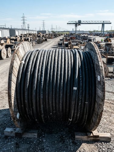 Wide industrial shot of a massive wooden cable drum wrapped in high-voltage insulated cable, outdoor storage yard under sharp daylight, crisp technical details.