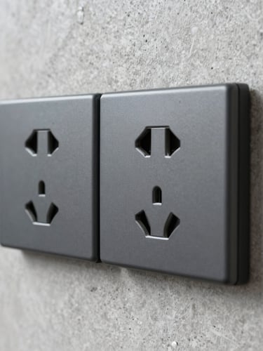 Close-up of modern matte dark gray electrical outlets and switches installed on a concrete texture wall, sharp focus, architectural lighting, industrial design detail