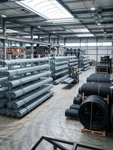 Wide environmental shot of stacked heavy-duty galvanized steel conduit pipes and corrugated HDPE pipe rolls in a bright, clean industrial warehouse, high-contrast cool tones, 35mm lens.