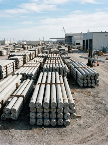 Wide environmental shot of heavy concrete utility poles stacked in an organized industrial yard under bright daylight, sharp industrial details, 35mm lens