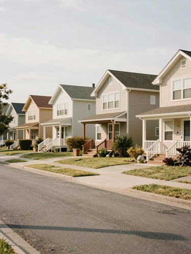 A warm, sunlit neighborhood street with modest, well-kept family homes under soft overcast daylight, 35mm lens