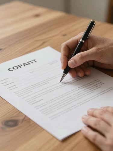 Close-up of hands reviewing a clean, simple property contract on a warm oak table, soft side lighting, 35mm lens