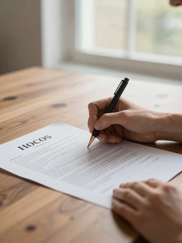 Close-up of hands signing a clean real estate purchase contract on a warm wooden table, soft natural window light, professional and reassuring