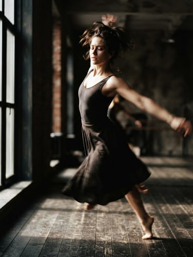 Cinematic portrait of a female contemporary dancer captured in motion blur, dramatic side-lit window casting long shadows, warm desaturated tones, high-contrast 35mm film grain.