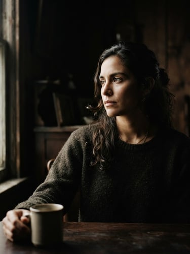 Moody cinematic portrait of Leidy Torres, dramatic natural window light, deep shadows, desaturated warm tones, high-contrast 35mm film, looking off-camera