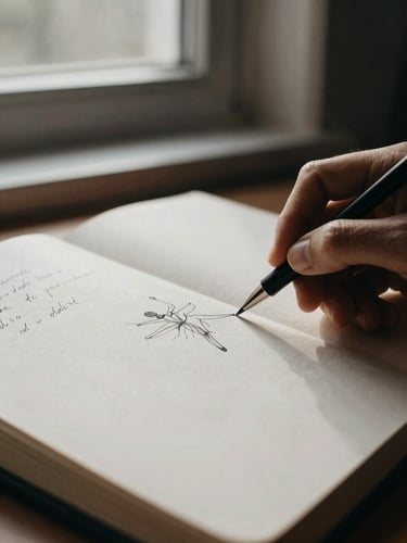 Extreme close-up of hands sketching choreography notes in an open paper journal, soft morning window light, textured paper, minimalist aesthetic.