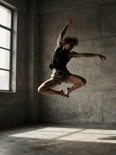 A blurred contemporary dancer in mid-air against raw concrete walls, dramatic window light, high contrast, desaturated warm tones
