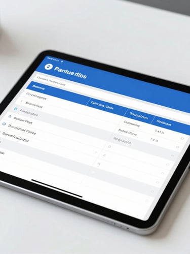 Close-up of a secure tablet displaying structured workflow charts and approval logs on a clean office desk, bright neutral lighting