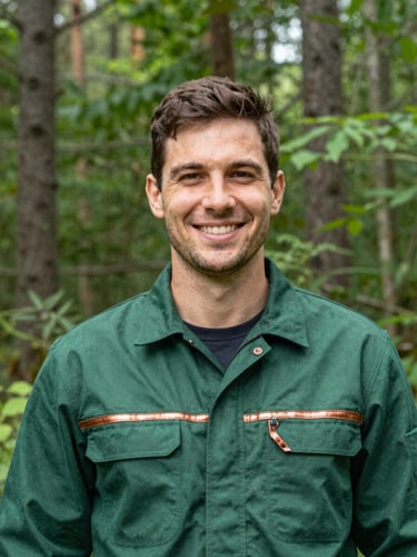 Portrait of a professional tradesman in a forest green work shirt, smiling confidently in bright morning daylight, natural outdoor background, 35mm