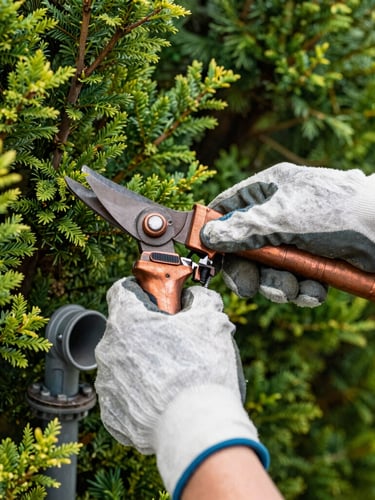 A crisp close-up of hands wearing heavy-duty gloves precisely pruning a shrub branch near a clean outdoor electrical conduit, bright morning daylight, rich forest greens, copper accents, 35mm.