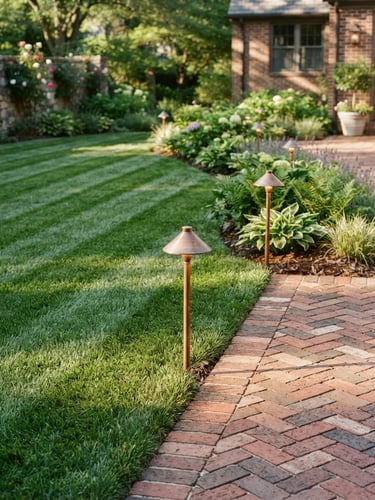 Crisp outdoor photography of a perfectly striped green lawn meeting a brick patio, with neat copper-accented landscape lighting fixtures casting warm morning light along the edge, 35mm.