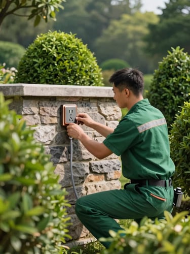 A licensed electrician in a forest green uniform installing a sleek outdoor power outlet on a stone wall, surrounded by perfectly pruned shrubs under bright morning light, 35mm.