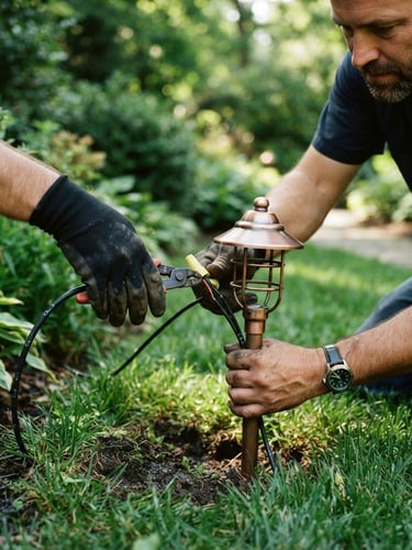 Close-up of a professional electrician wiring a copper-accented outdoor landscape lighting fixture in a lush green lawn, bright morning daylight, 35mm