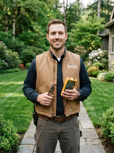 A medium portrait of Jared Ravagni, a professional in clean utility work gear, standing in a manicured yard in bright morning daylight, holding professional tools, crisp outdoor photography, rich forest greens, 35mm.