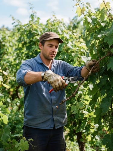 Medium shot of a worker pruning branches with commercial shears in bright morning sunlight, clean cuts, forest green foliage, 35mm